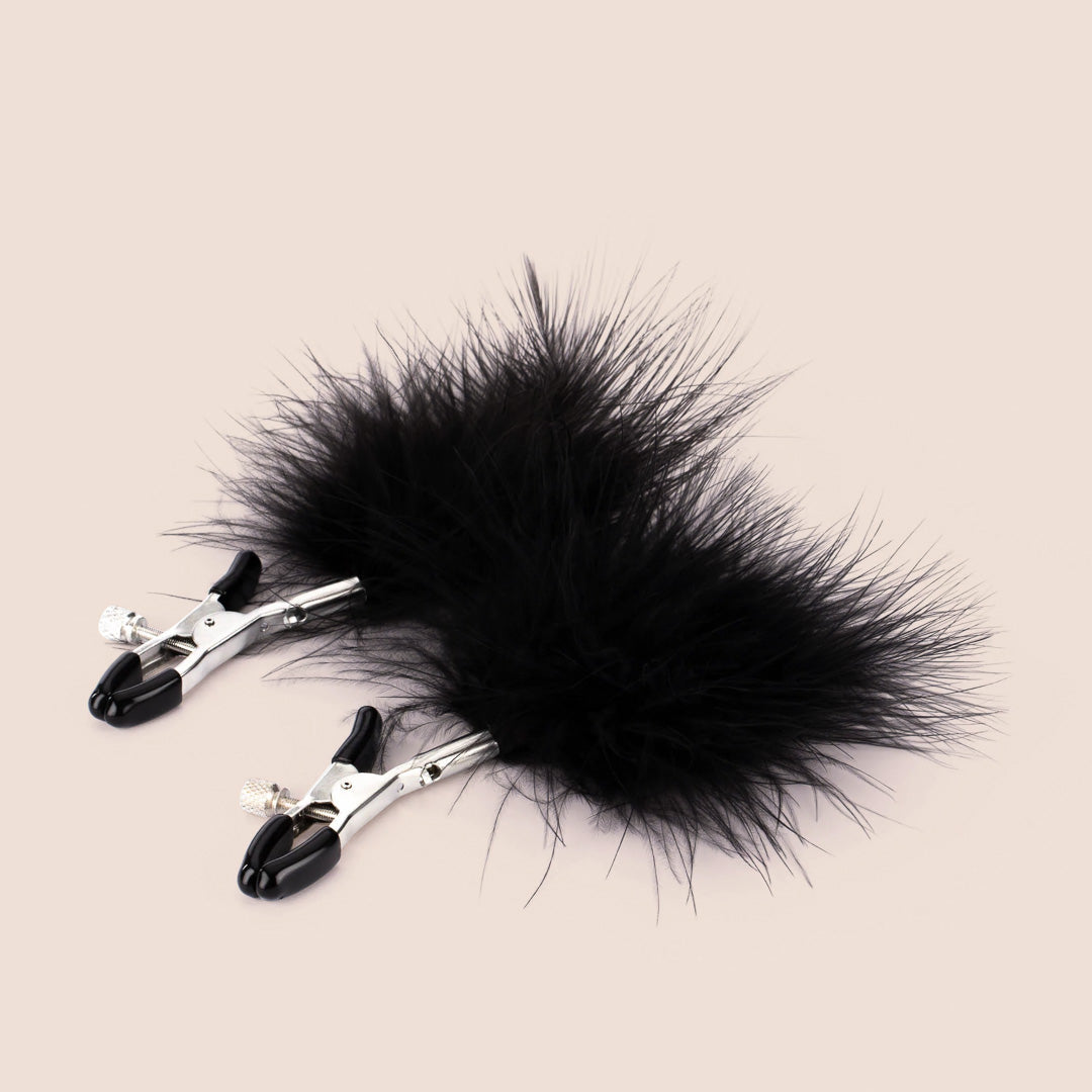 Sex & Mischief Feathered Nipple Clamps | thumb screw adjustability