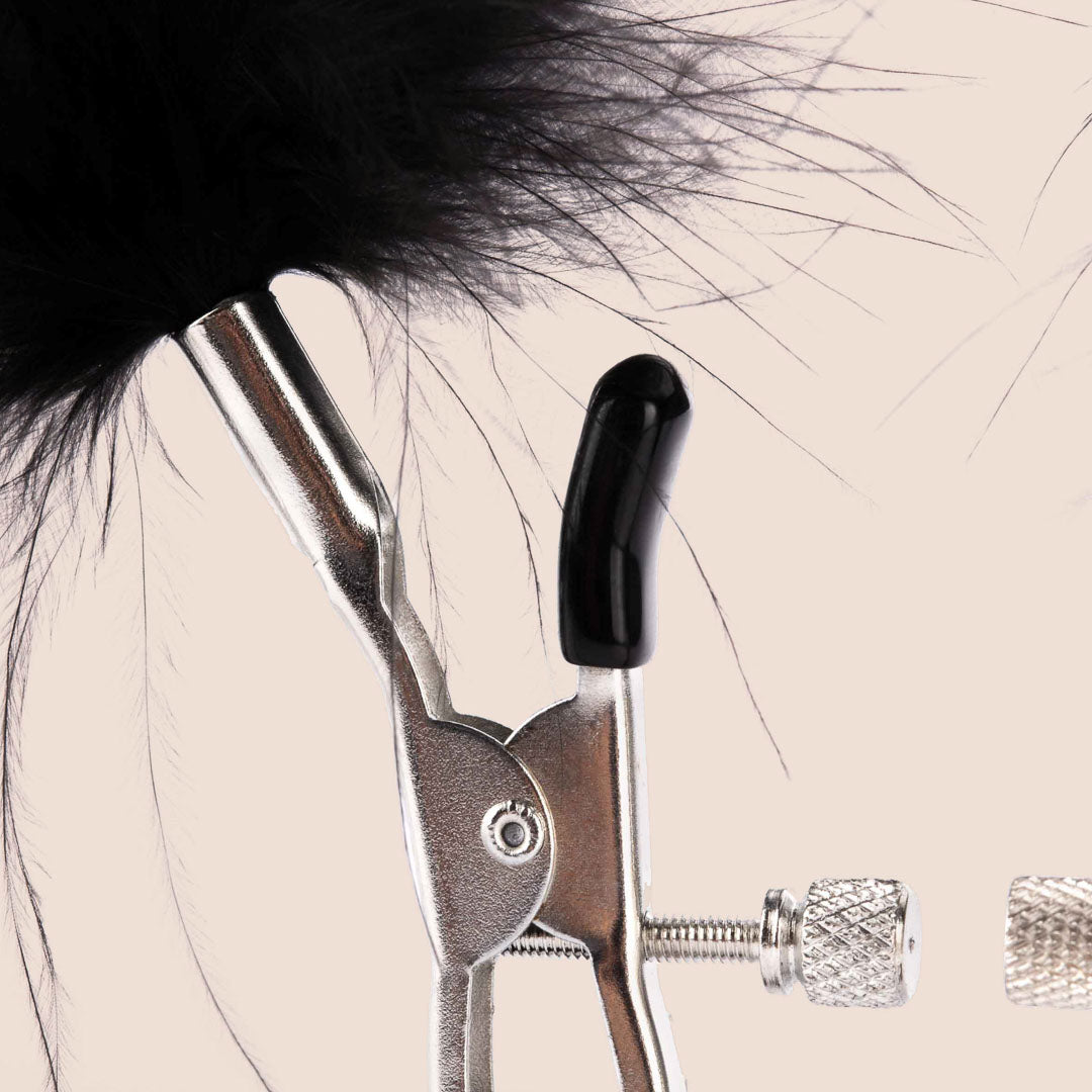 Sex & Mischief Feathered Nipple Clamps | thumb screw adjustability