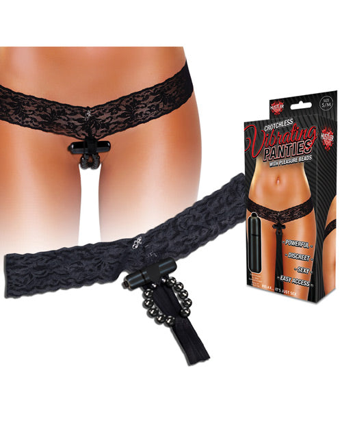 Hustler Vibrating Panties w/Hidden Vibe Pocket, Bullet & Stimulation Beads Black S/M