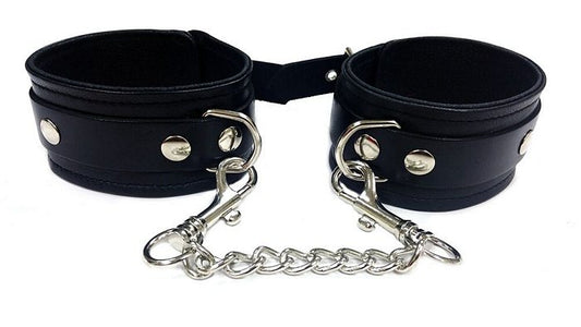 Rouge Garments Plain Black Leather D-ring Fully Detachable Ankle Cuffs