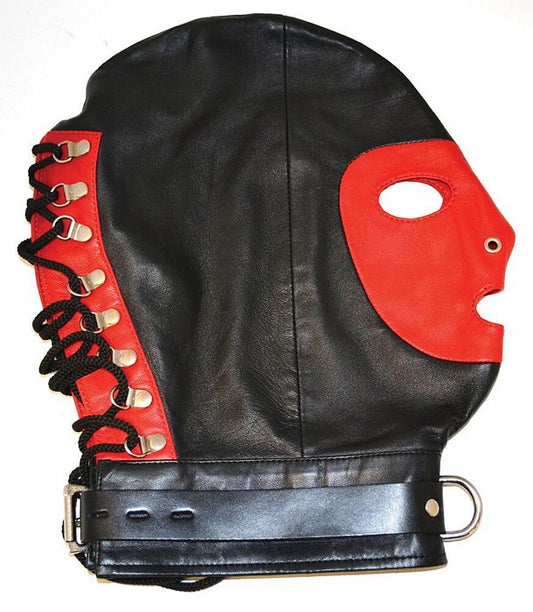Rouge Garments Red/Black Leather Face Mask With Adjustable Collar