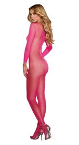 Fishnet Long Sleeved Open Crotch Bodystocking Neon Pink O/S